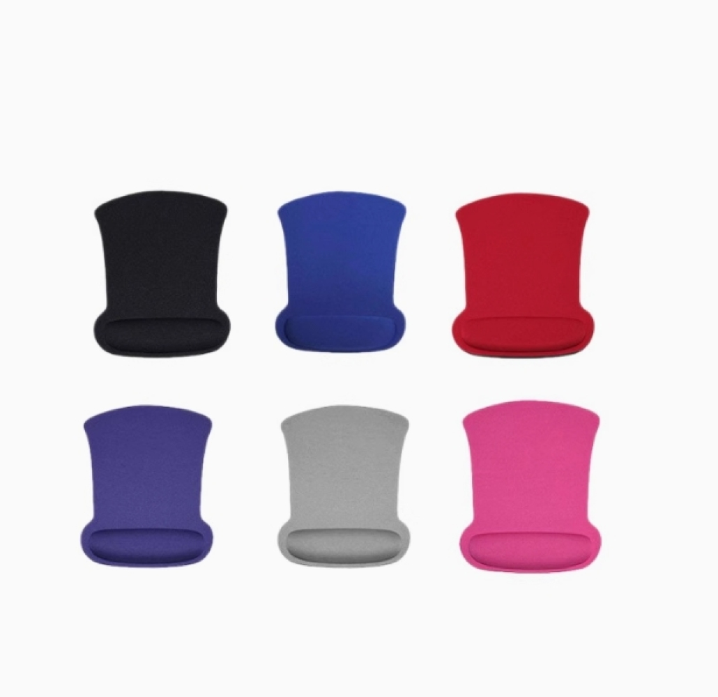 Sechs unterschiedlich farbige Handgelenkauflagen werden auf weißem Hintergrund angezeigt. Zu den Farben gehören Schwarz, Blau, Rot, Lila, Grau und Pink.