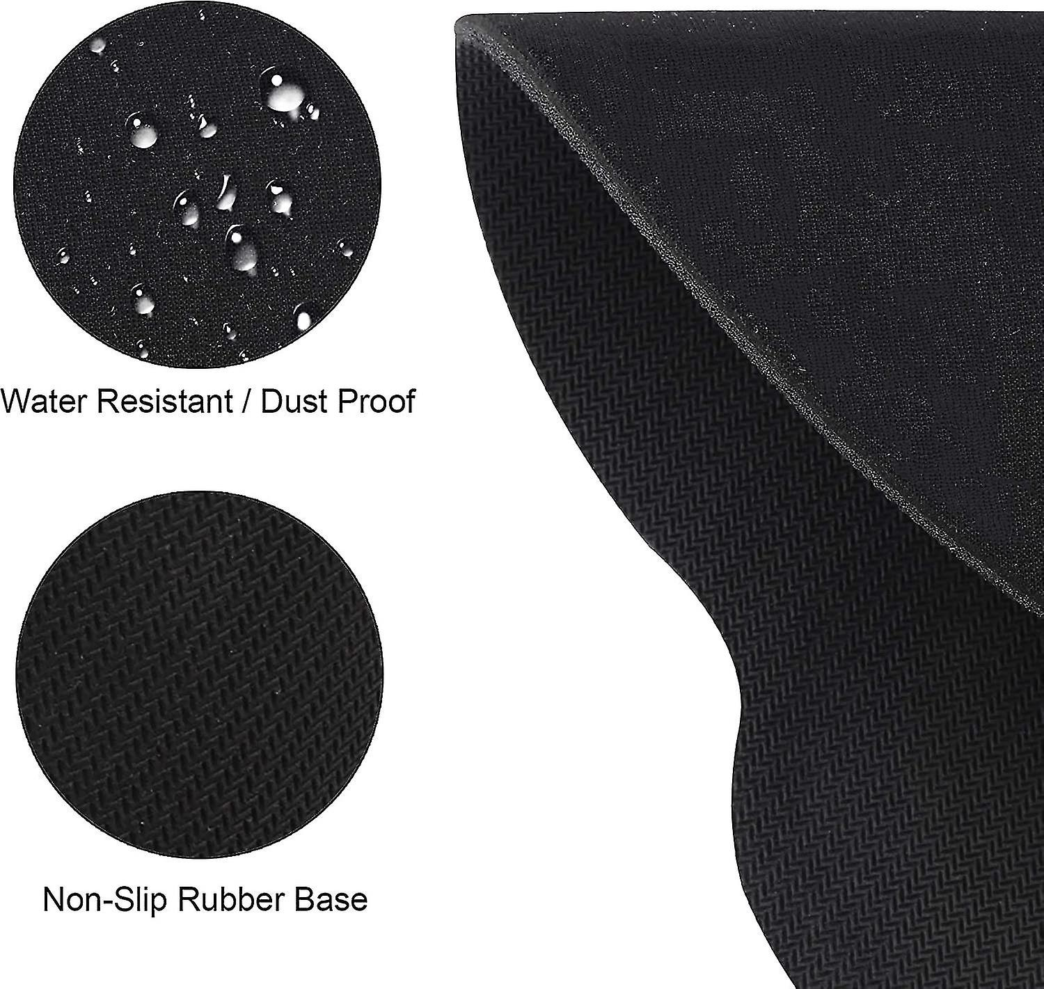 Schwarzes Mauspapier mit Illustration von Wassertropfen und Text 'Water Resistant / Dust Proof'. Auch Text 'Non-Slip Rubber Base'.