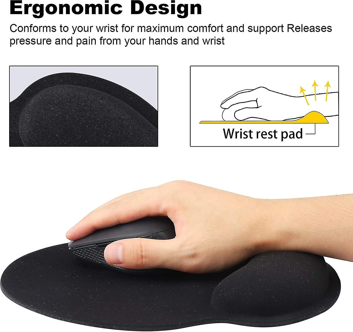 Eine Hand benutzt eine Maus auf einer schwarzen Handgelenkstütze. Das Bild zeigt das ergonomische Design des Produkts.
