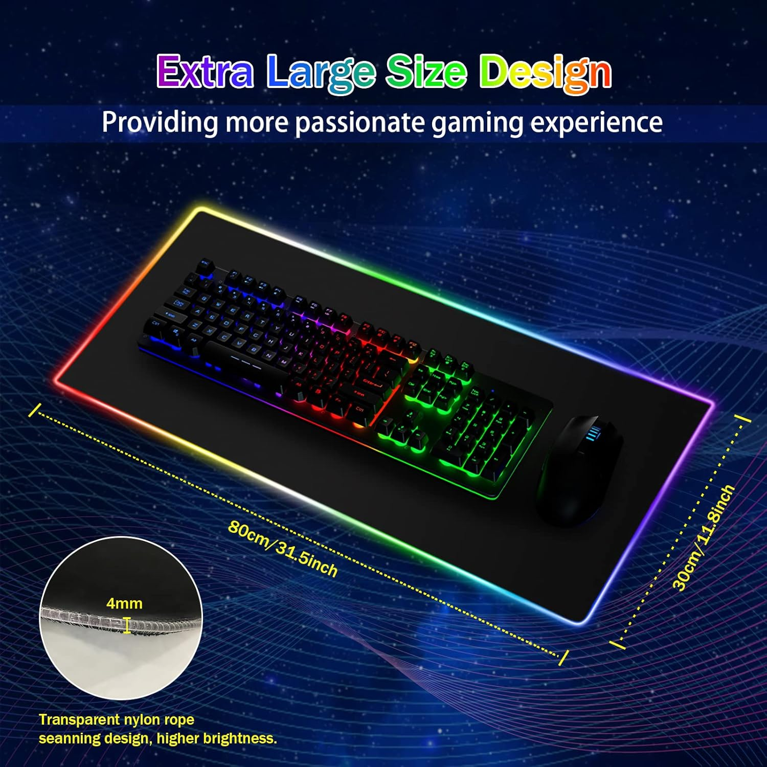 Schwarzes Gaming-Mauspad mit Tastatur und Maus. Das Pad hat einen leuchtenden Rand. Abmessungen werden auf dem Bild angezeigt.
