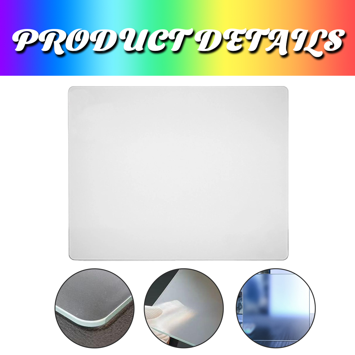 Das Bild zeigt eine weiße Oberfläche mit dem Text „PRODUCT DETAILS“ darüber, in einem Regenbogenfarbverlauf. Darunter befinden sich drei kreisförmige inset-Bilder.