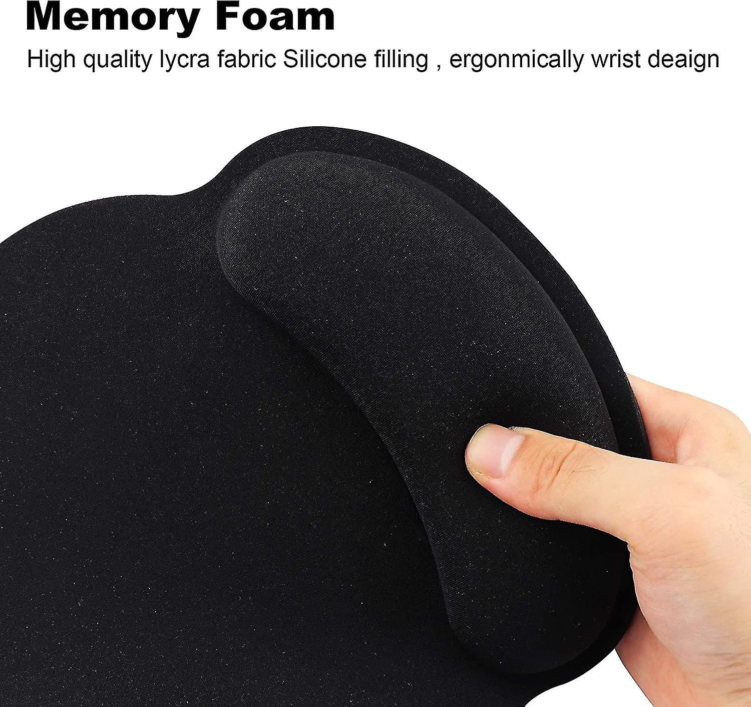 Schwarze Memory-Foam-Handgelenkstütze. Eine Hand hält sie. Text: Memory Foam, hochwertiges Lycra-Gewebe, Silikonfüllung, ergonomisches Handgelenkdesign.