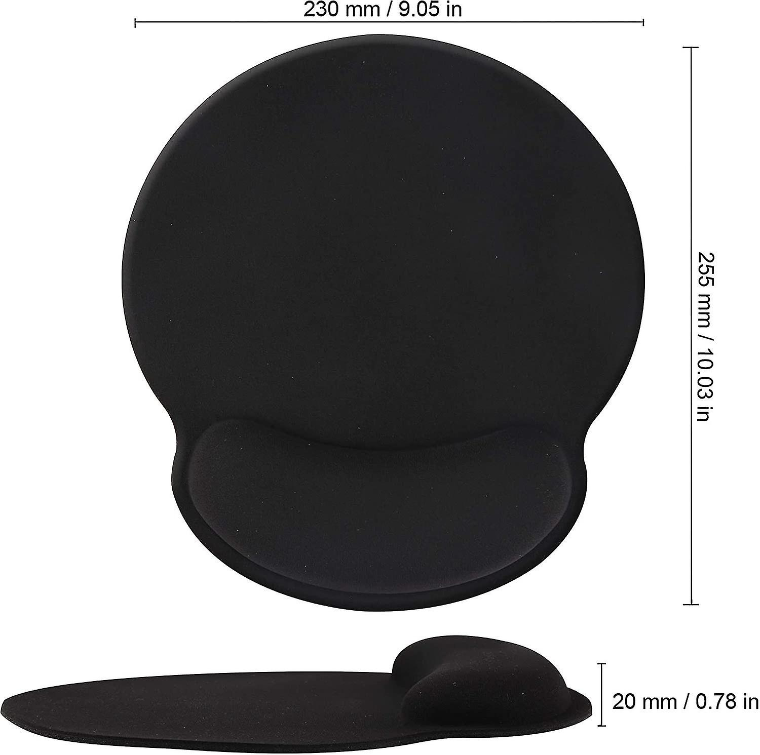 Schwarzes ergonomisches Mauspad mit Handgelenkstütze. Abmessungen: 230 mm x 255 mm x 20 mm.