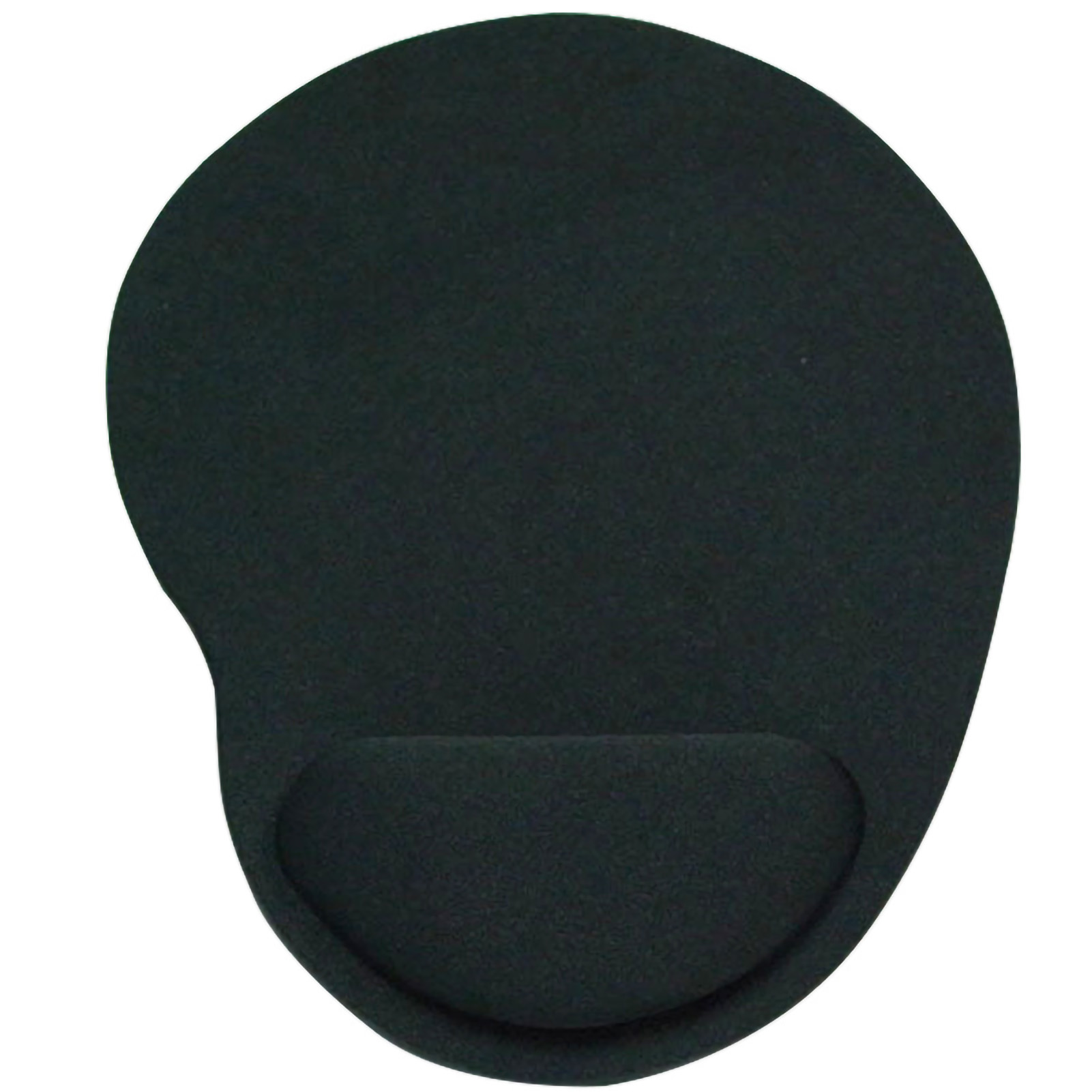 Schwarzes ovales Mauspads mit Handballenauflage. Es befindet sich auf weißem Hintergrund.