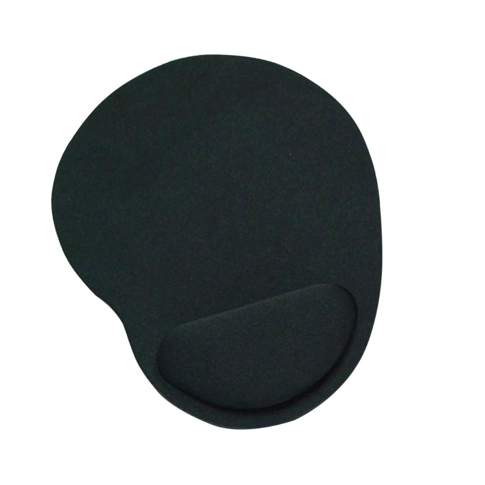 Ein schwarzes, ovales Mauspapier mit integrierter Handgelenkstütze. Auf weißem Hintergrund.
