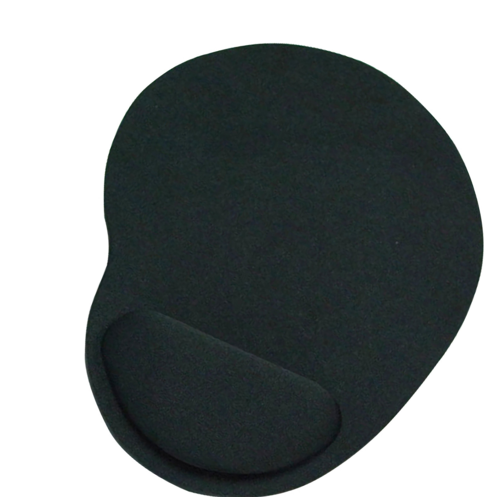 Ein schwarzes Mauspadd mit Handgelenkstütze. Es hat eine ovale Form mit einer geschwungenen Aussparung für die Handgelenkstütze.