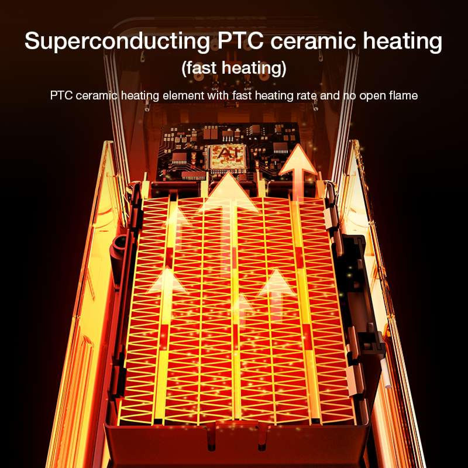 Diagramm eines Heizelements mit rotem Gitter und weißen Pfeilen. Oben steht 'Superconducting PTC ceramic heating'.