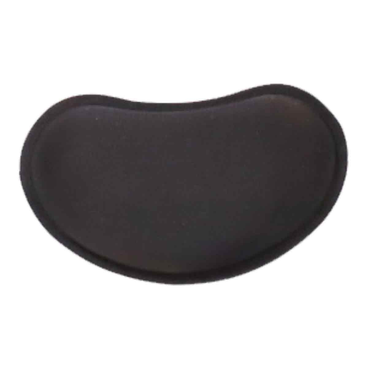 Eine schwarze, bohnenförmige Handgelenkauflage. Sie hat eine dunkle Oberfläche und eine abgerundete Form, die für ergonomische Unterstützung konzipiert ist.