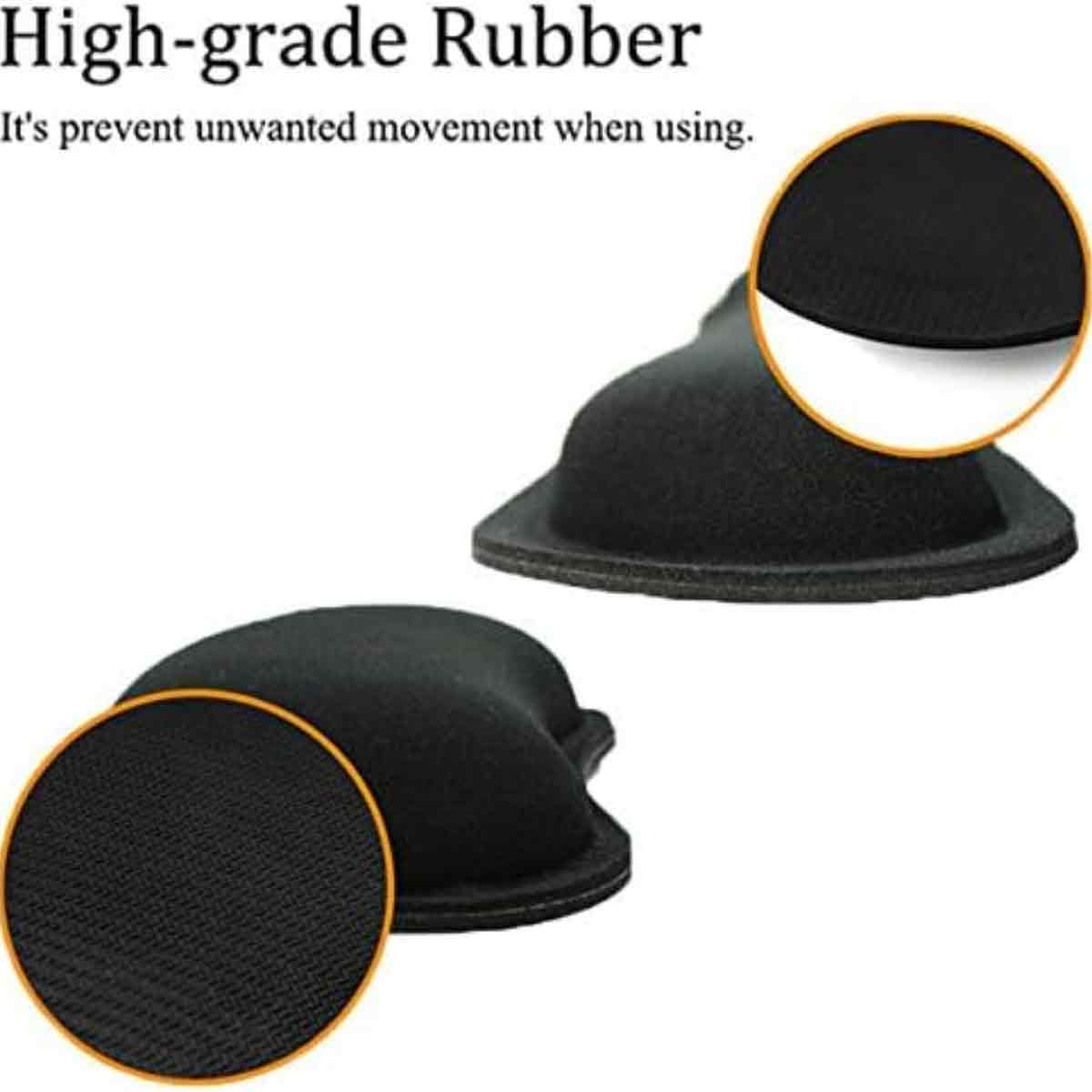Das Bild zeigt schwarze Gummipads. Eines ist eine Nahaufnahme, das andere im Hintergrund, mit dem Text "Hochwertiger Gummi".