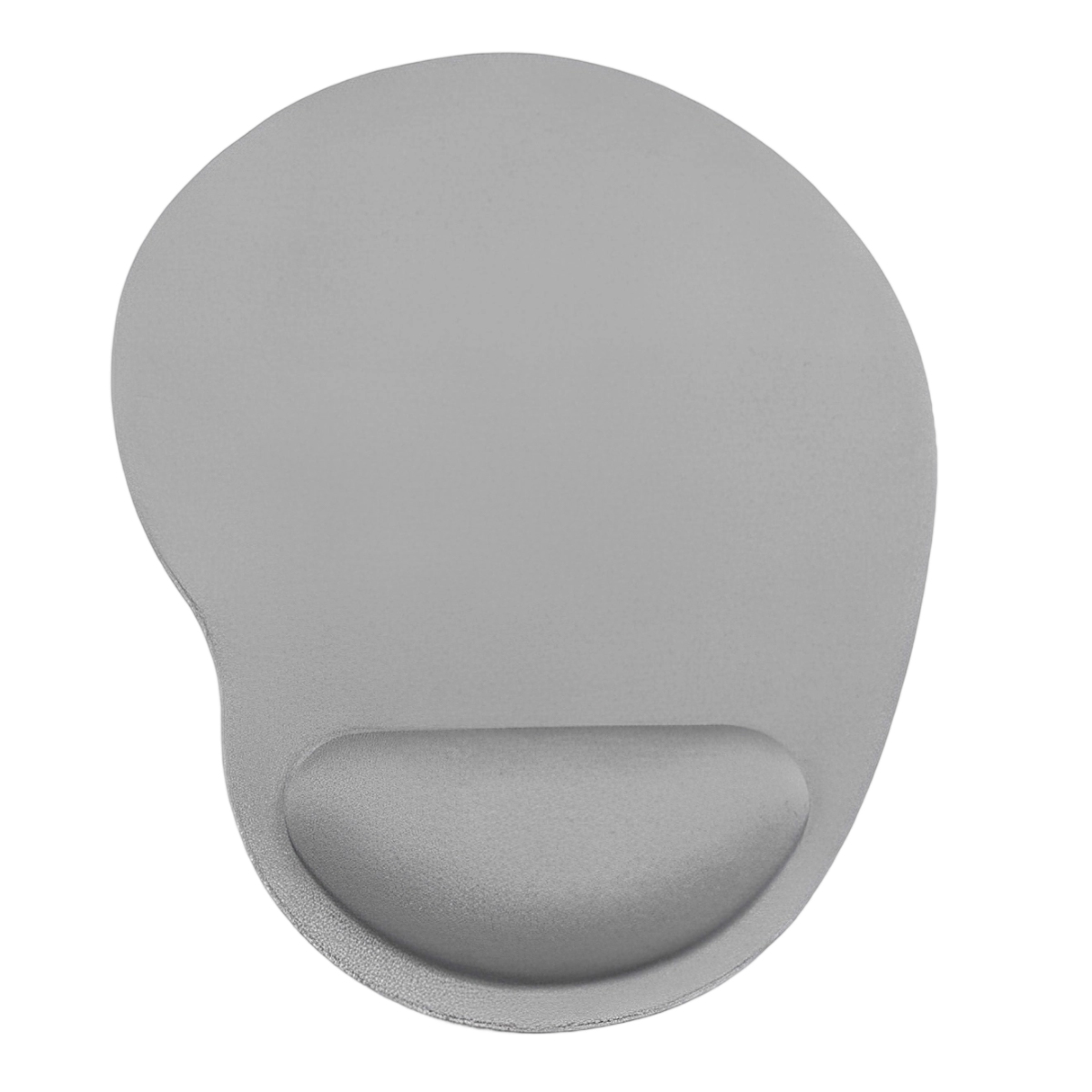 Ein graues Mauspad mit Handballenauflage. Das Pad ist oval und hat eine gebogene Unterseite und eine erhöhte Auflage.