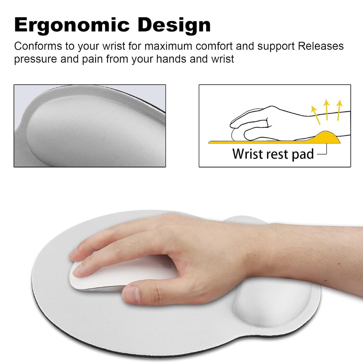 Eine Hand benutzt eine weiße Maus auf einem weißen Mauspads mit Handgelenkstütze. Text sagt 'Ergonomisches Design'.