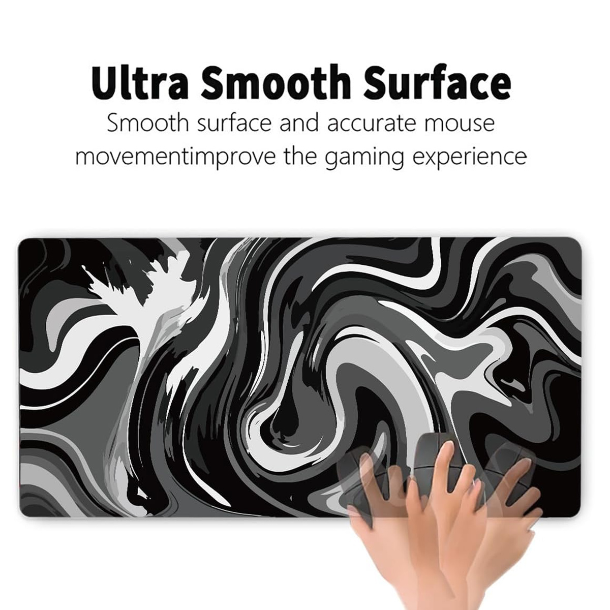 Ein Mauspad mit einem schwarz-weißen Marmormuster. Der Text oben lautet 'Ultra Smooth Surface'. Eine Hand benutzt eine Maus.