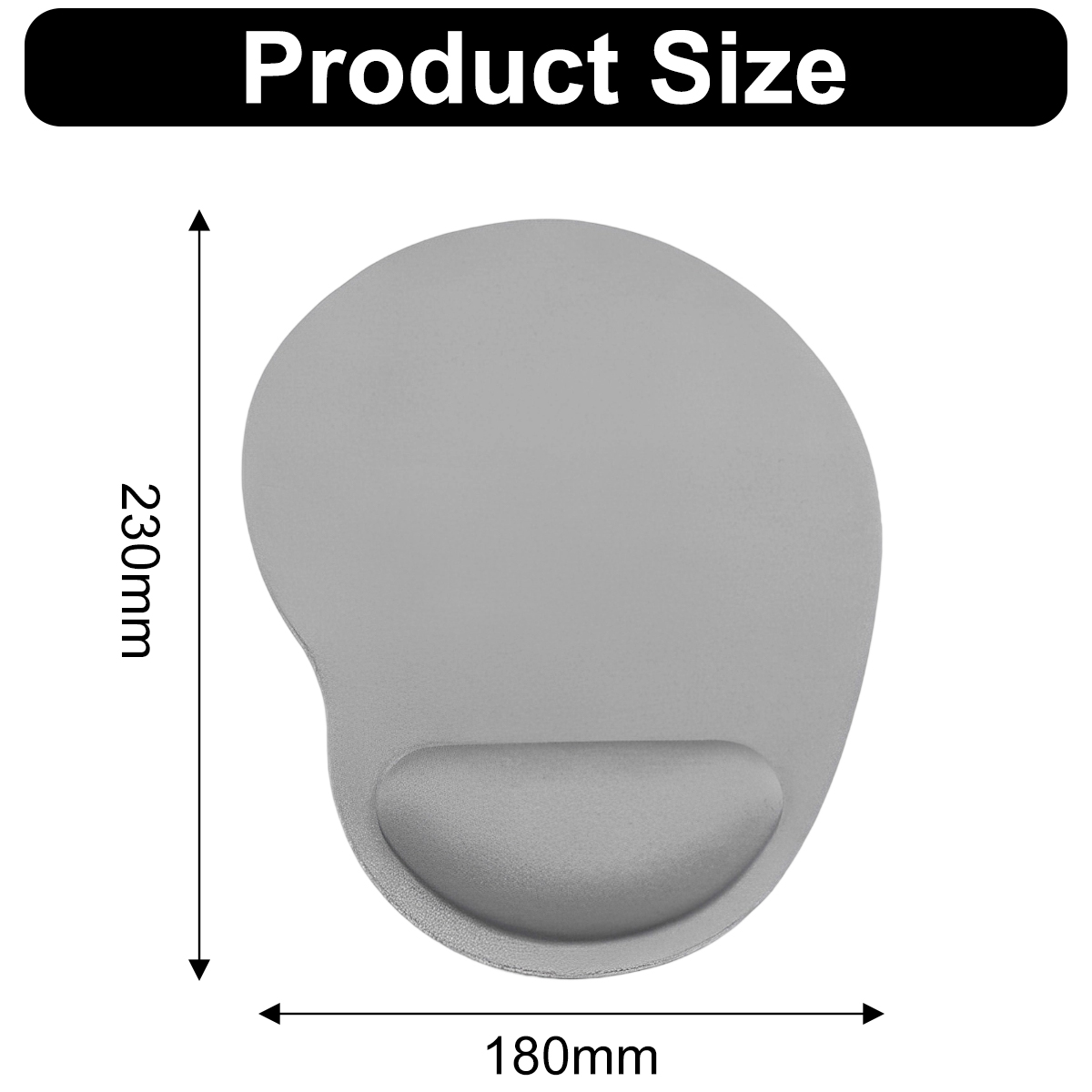 Graues ergonomisches Mauspad mit Handballenauflage. Abmessungen: 230 mm Höhe, 180 mm Breite. Text oben: 'Produktgröße'.