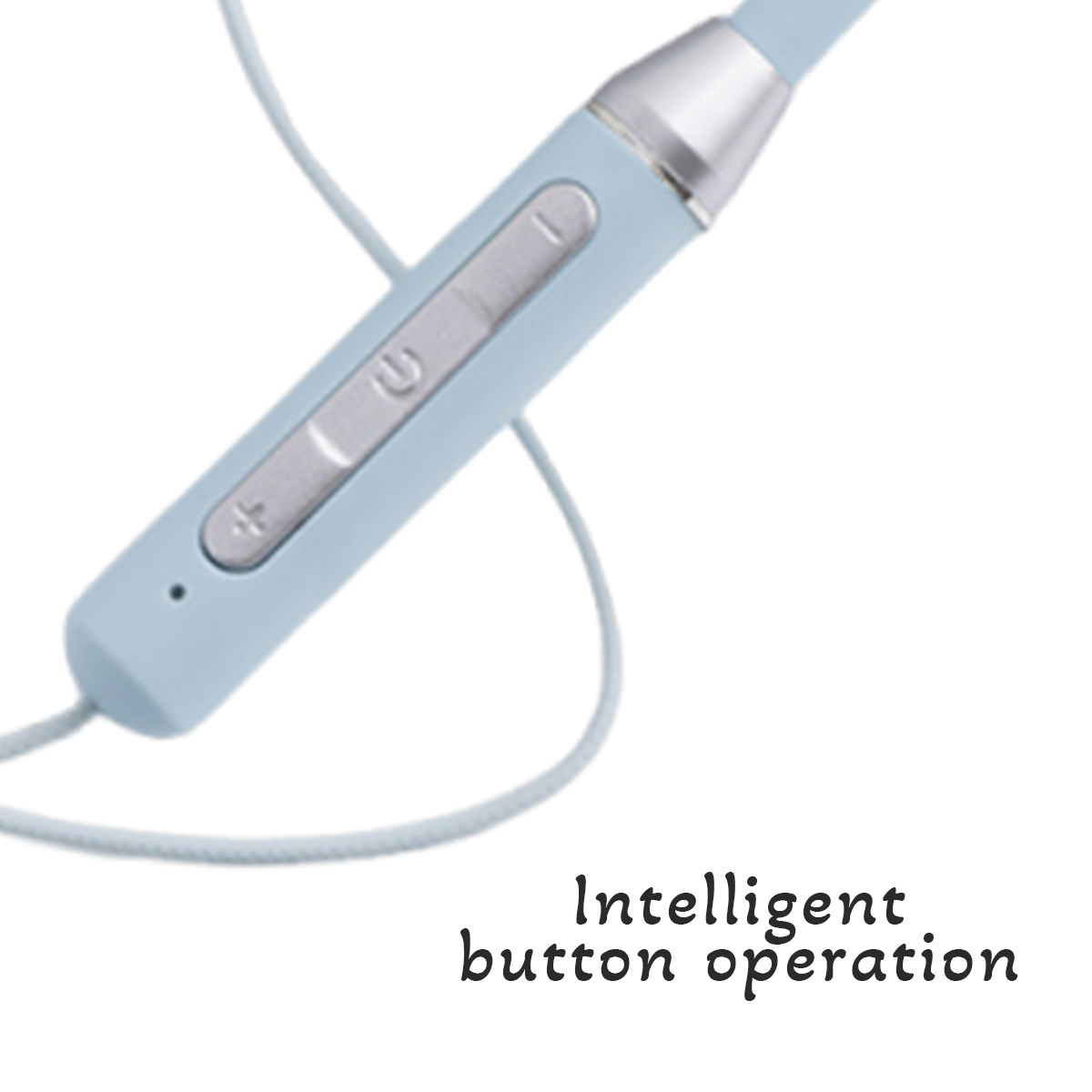 Nahaufnahme von blauen und silbernen In-Ear-Kopfhörern. Das Bedienfeld zeigt Ein/Aus-, Lautstärke- und Leiser-Tasten. Text: 'Intelligente Tastenbedienung'.