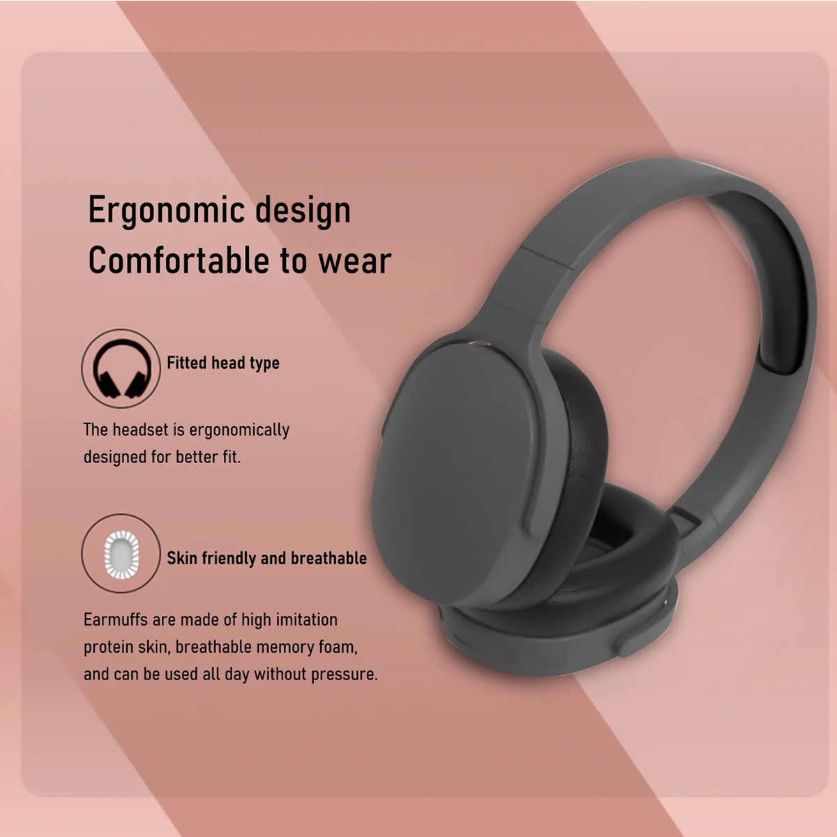 Ein graues Headset auf pinkfarbenem Hintergrund. Der Text beschreibt ergonomisches Design und komfortables Tragen, mit Merkmalen wie hautfreundlichen Ohrmuscheln.