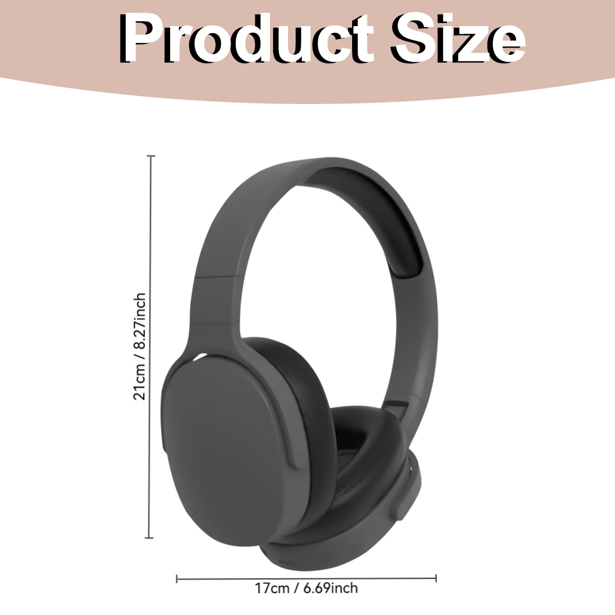 Graue Kopfhörer mit Größenangaben: 21 cm/8,27 Zoll hoch und 17 cm/6,69 Zoll breit. Text "Produktgröße" steht oben.