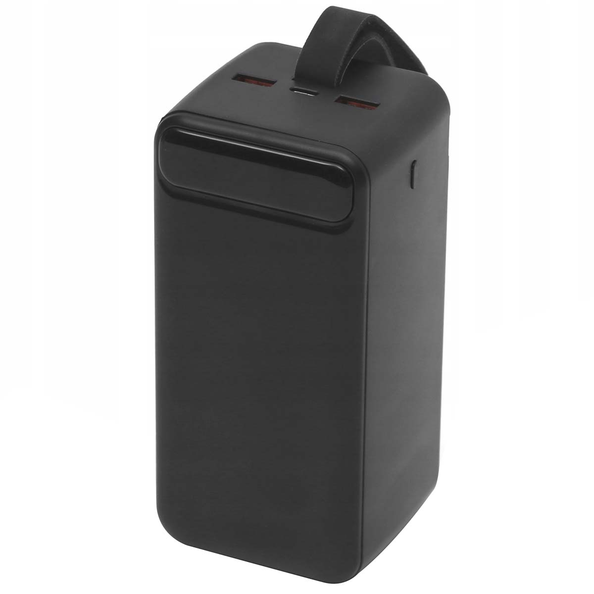 Schwarze rechteckige Powerbank mit Griff. Sie hat oben mehrere Anschlüsse. Das Design ist schlank und modern.