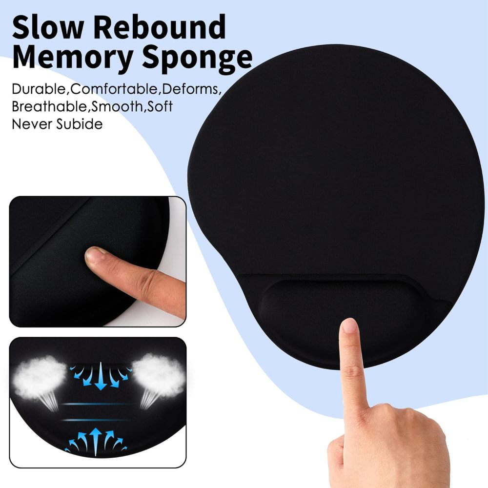 Eine schwarze Memory-Foam-Mousepad. Eine Hand zeigt auf das Design des Pads. Der Text besagt, dass es haltbar, bequem und glatt ist.