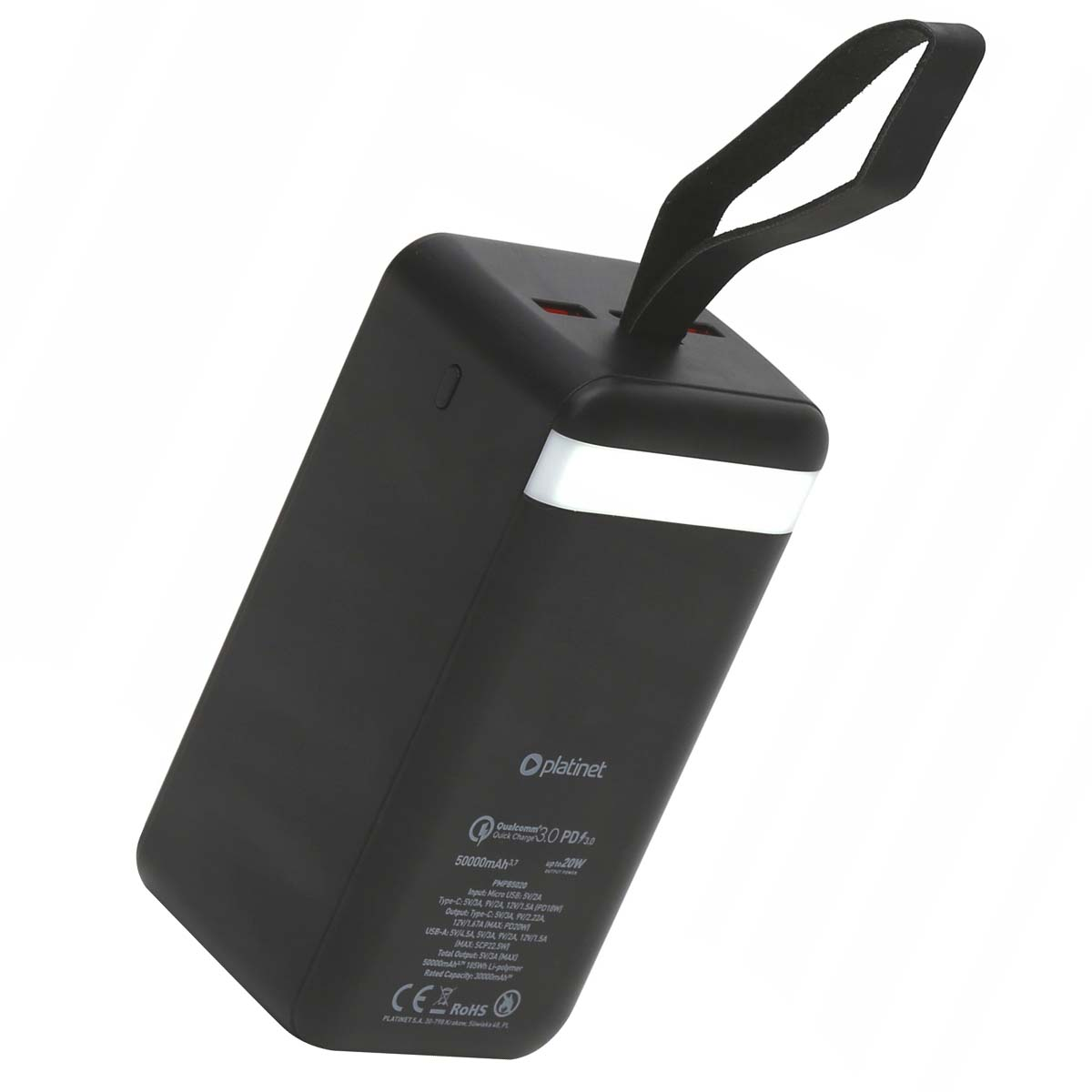 Schwarze Powerbank mit weißem Licht und schwarzem Riemen. Sie hat ein Etikett mit technischen Daten und der Marke 'Oplatinet'.