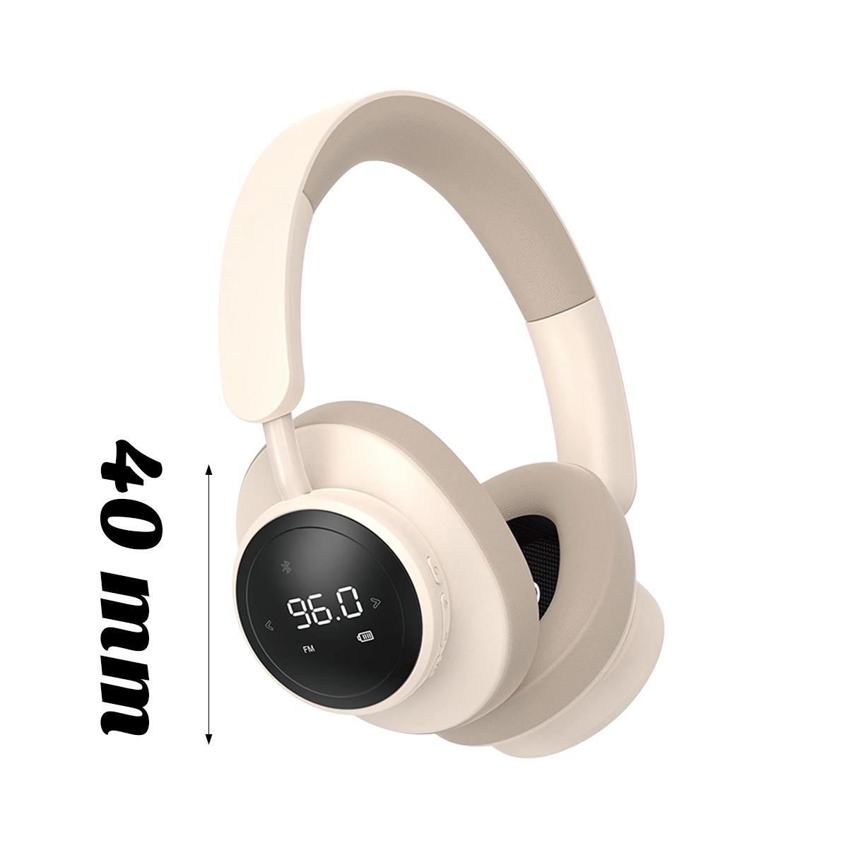 Beige Kopfhörer mit digitaler Anzeige, die 96,0 FM anzeigt. Neben den Kopfhörern wird eine 40-mm-Messung angezeigt. Weißer Hintergrund.