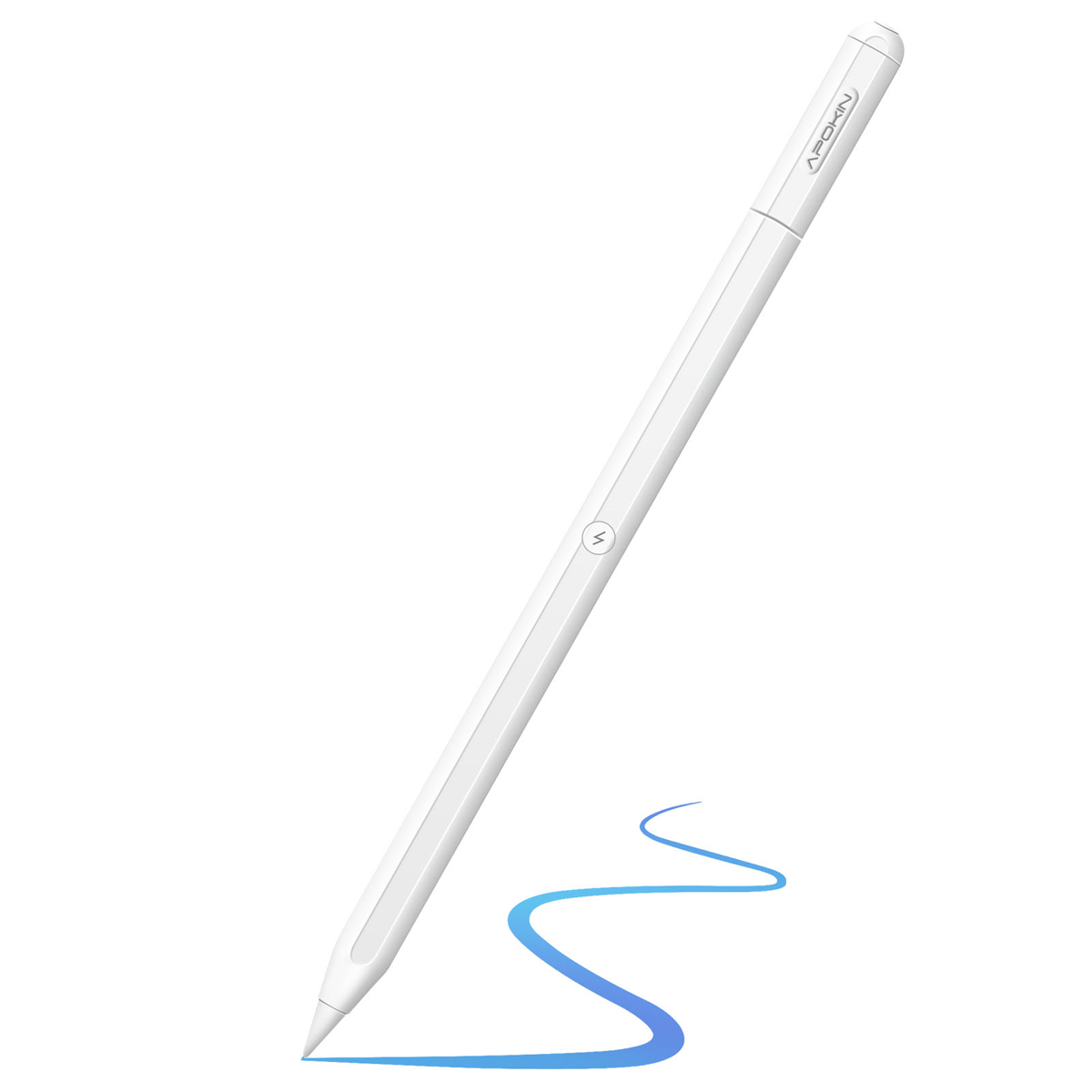 Uno stilo bianco con una linea blu sotto. Lo stilo ha un logo. Lo sfondo è bianco.
