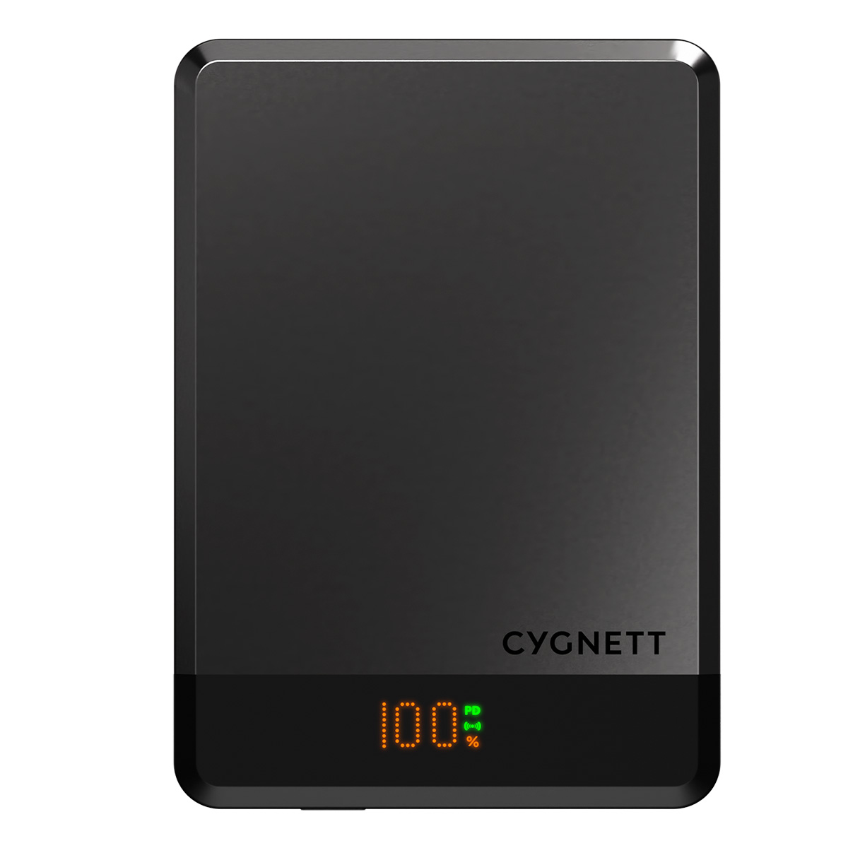 Schwarze Powerbank mit abgerundeten Ecken. Zeigt 100 % Ladung an. Hat das Cygnett-Logo. LED-Anzeigen zeigen Leistung und PD.