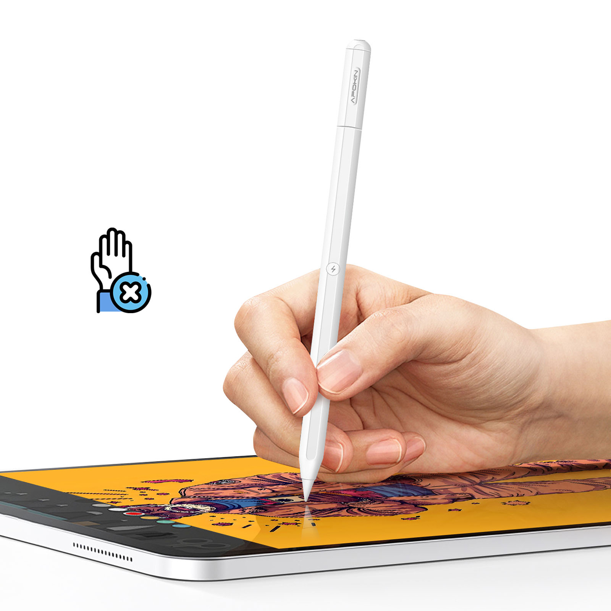 Una mano tiene uno stilo bianco, toccando lo schermo di un tablet con un'illustrazione colorata. Un'icona della mano blu con una X rossa è nell'angolo.