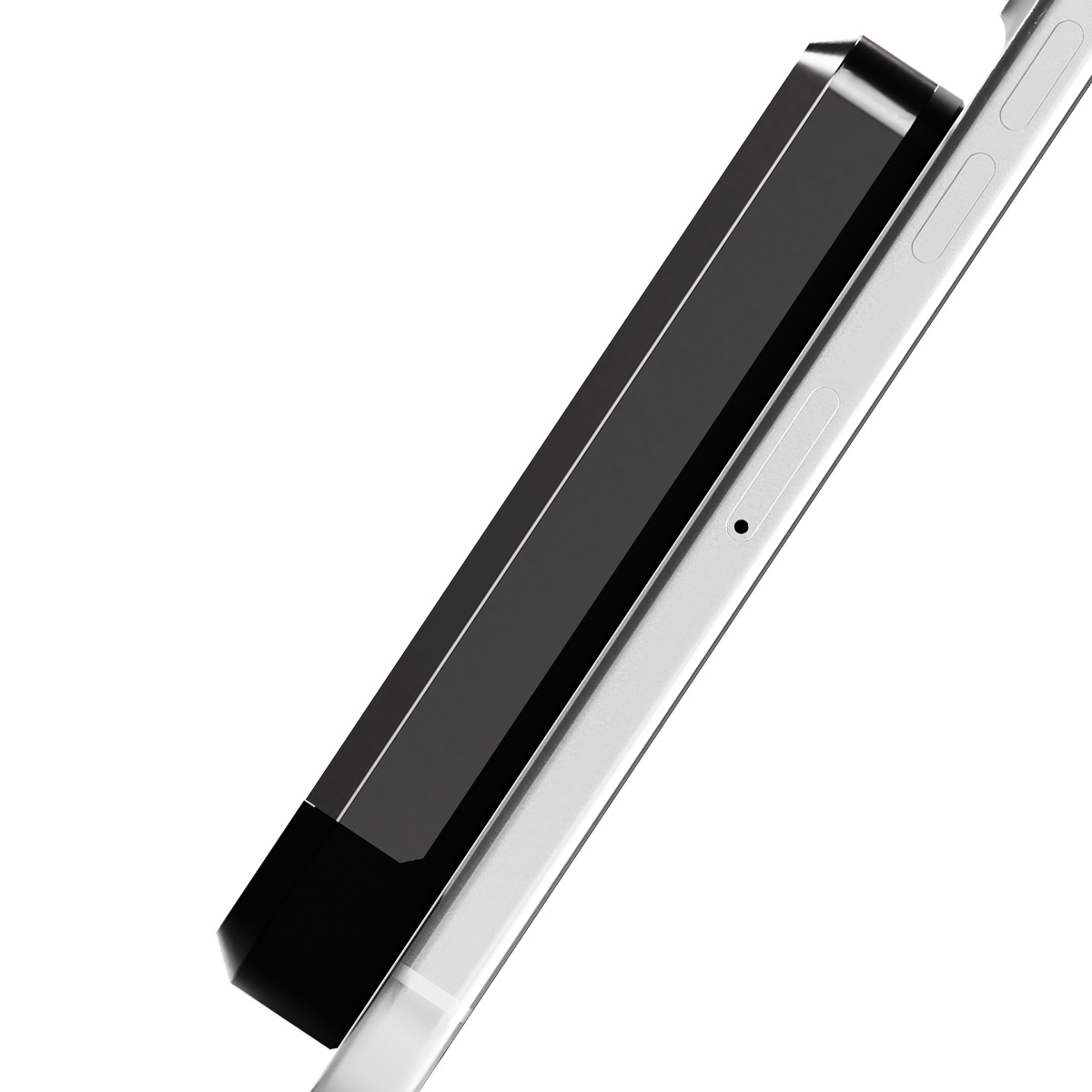 Ein schwarzes rechteckiges Gerät bedeckt teilweise ein silbernes Smartphone. Der Hintergrund ist weiß.