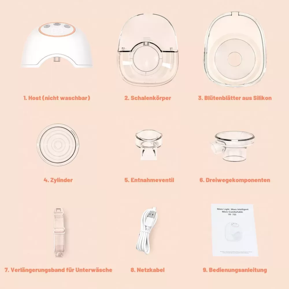 Neun Komponenten einer Brustpumpe sind ausgelegt, darunter der Host, die Schale, Silikonblütenblätter, Zylinder, Ventil, Komponenten, Gurt, Kabel und Handbuch.