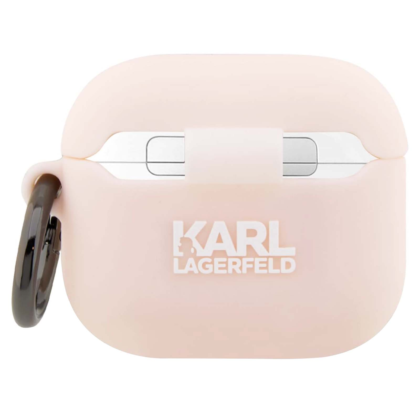 Un estuche rosa de Karl Lagerfeld AirPod con un mosquetón negro. El estuche está abierto, mostrando el interior. La marca es visible.