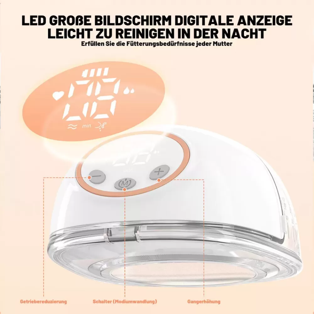 Eine weiße Brustpumpe mit digitaler Anzeige zeigt einen Timer. Das Display hat Knöpfe. Text auf Deutsch befindet sich oben und unten.