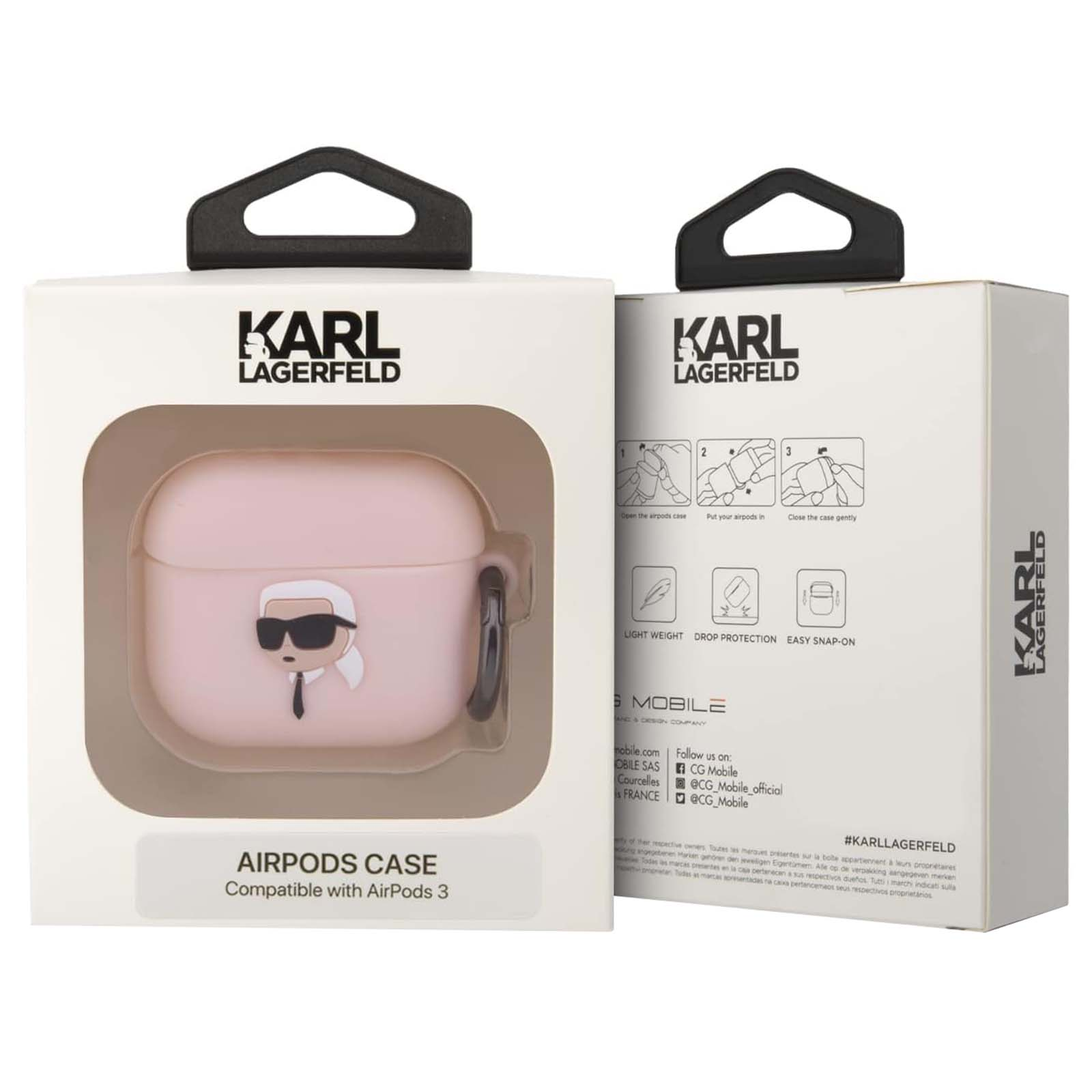 Una funda para AirPods Karl Lagerfeld en una caja. La funda es rosa y presenta la imagen icónica del diseñador.