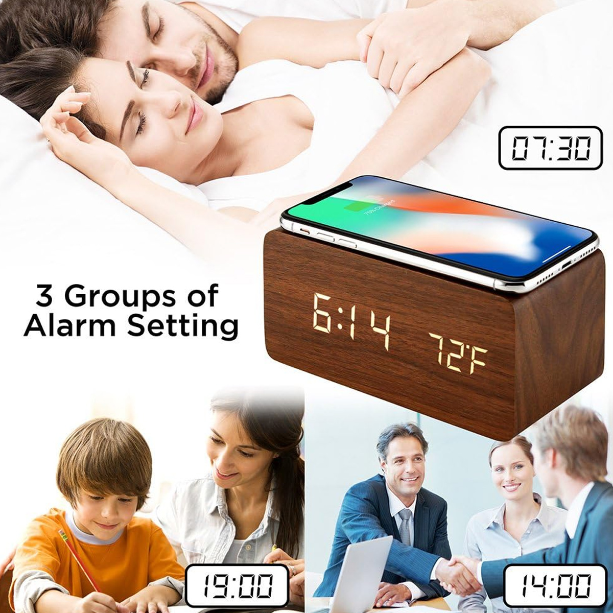 Ein Paar schläft im Bett. Ein hölzerner Wecker zeigt die Uhrzeit 6:14 und 72F an. Ein Telefon liegt obenauf. Drei Zeiteinstellungen werden angezeigt.