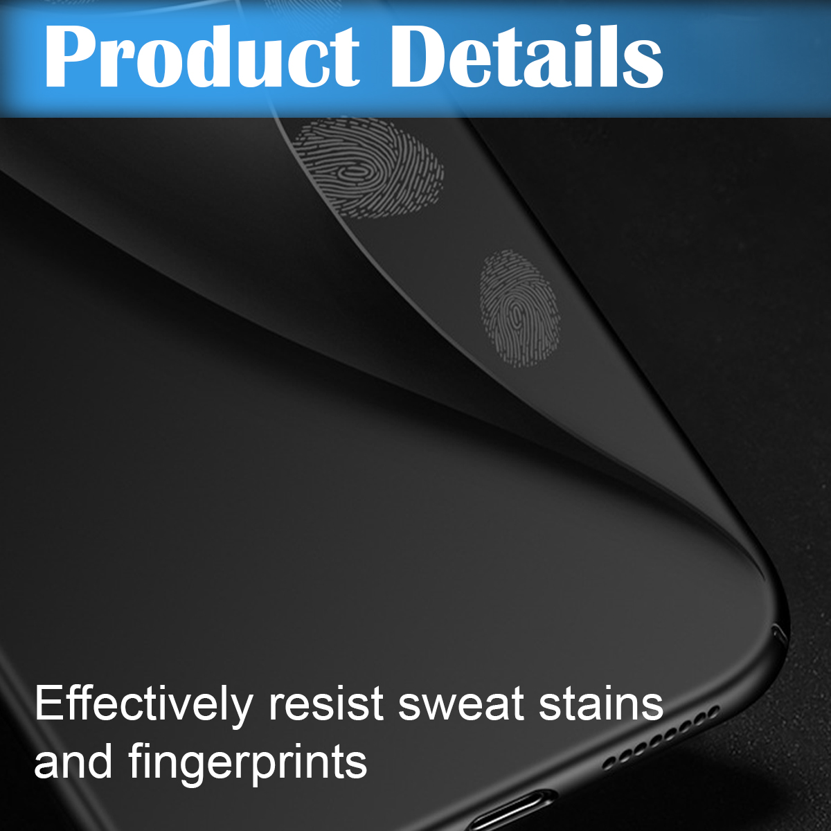 Eine schwarze Handyhülle mit Fingerabdruckdetails, Text 'Produktdetails' oben und 'Wirksam gegen Schweiß und Fingerabdrücke' unten.