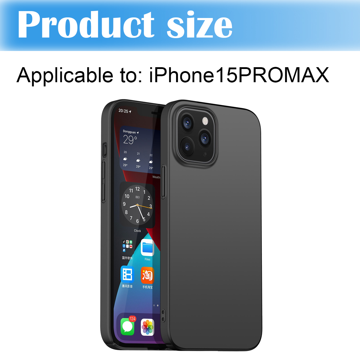 Ein iPhone 15 Pro Max mit schwarzer Hülle. Der Bildschirm zeigt Uhrzeit, Wetter und App-Symbole. Oben steht Produktgröße.