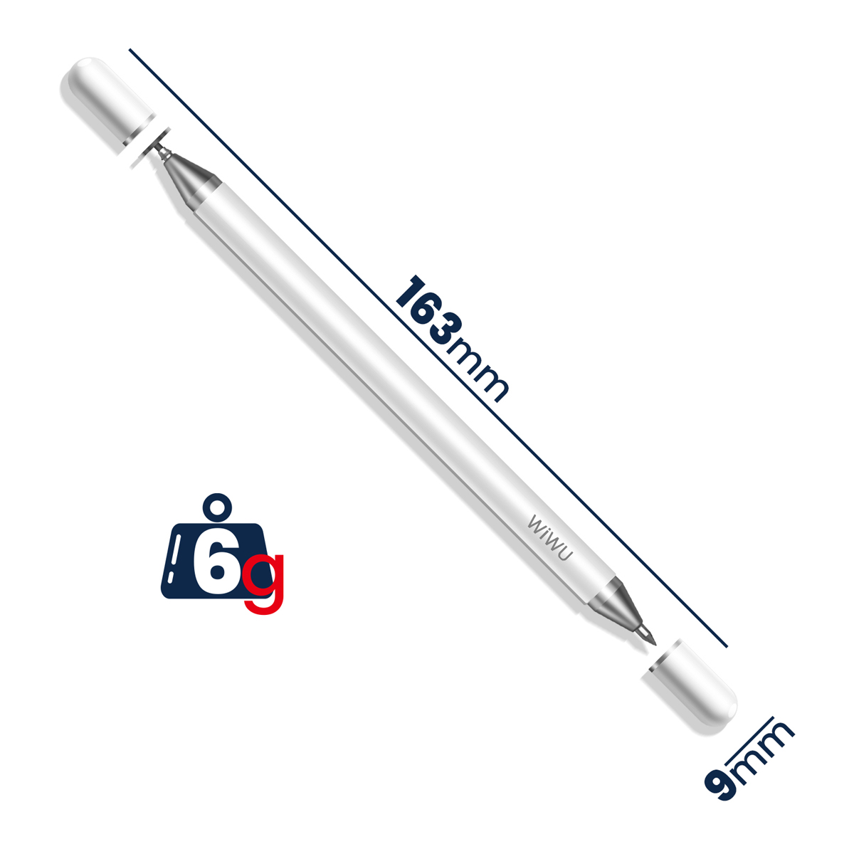 Penna stilo bianca con cappucci, lunga 163 mm, larga 9 mm e peso 6 g. Include misure e logo "WiWU".