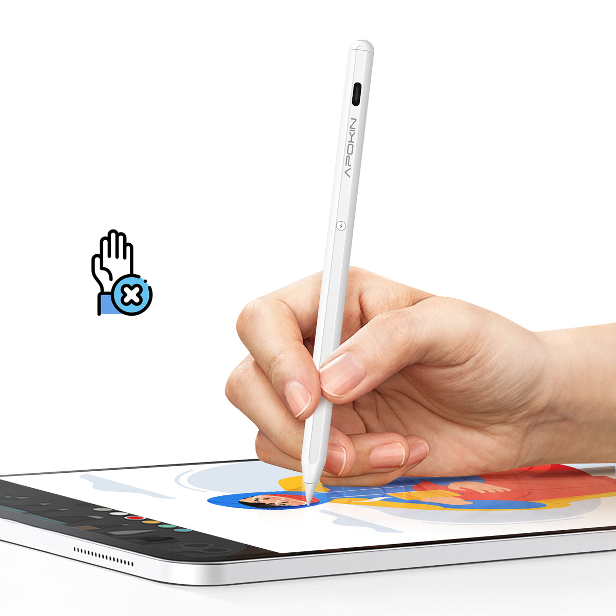 Una mano che tiene uno stilo bianco su un tablet, disegnando. Un segnale di divieto con una mano e una croce è sullo sfondo.