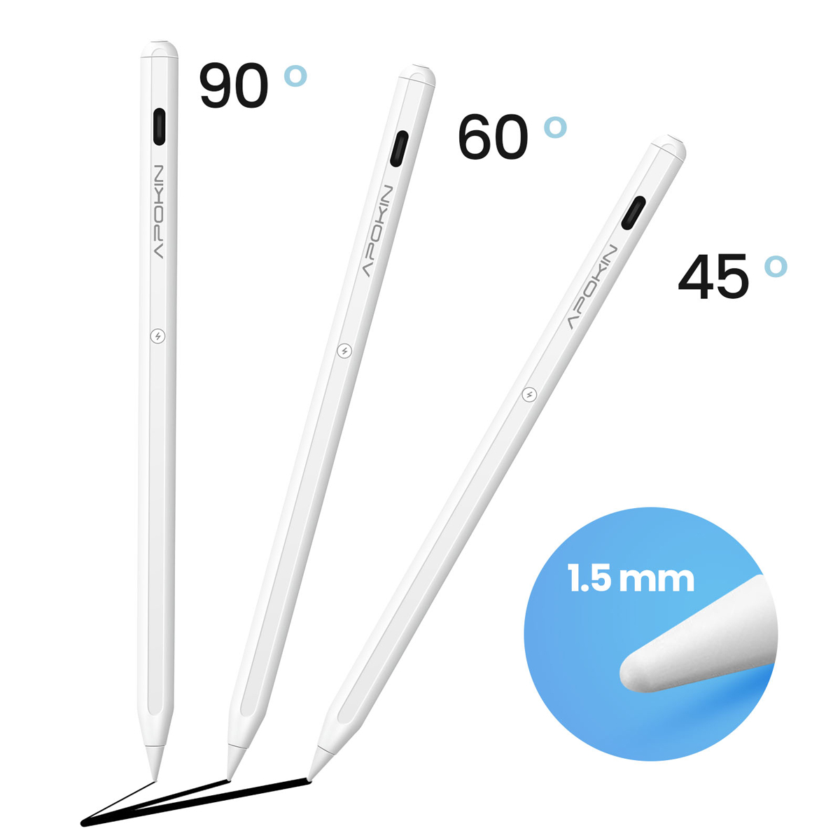 Tre stilo bianche ad angolazioni diverse, etichettate 90, 60 e 45 gradi. Un cerchio blu evidenzia una punta dello stilo da 1,5 mm.