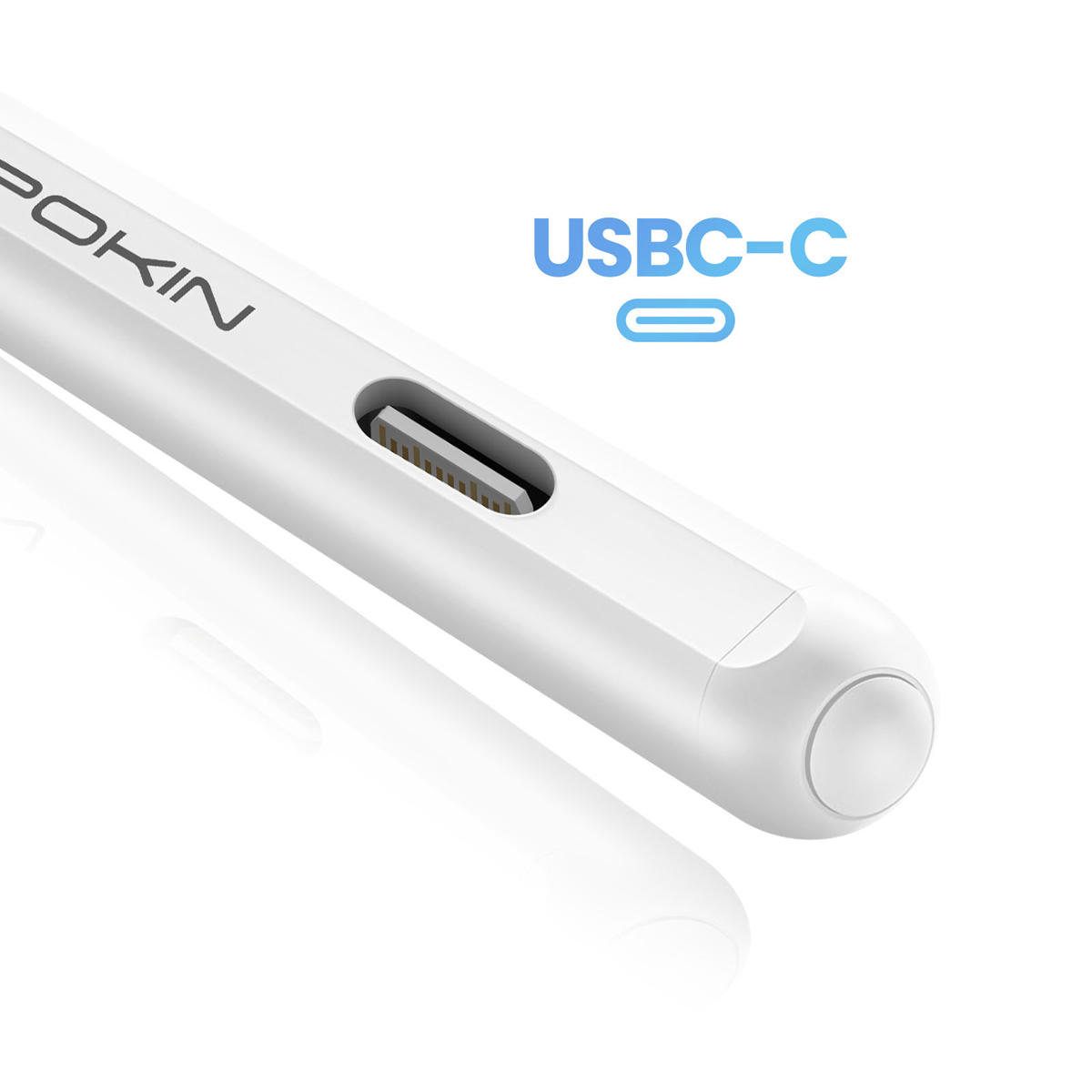 Stilo bianco con porta USB-C e testo "USBC-C" in blu. Il nome del marchio "POKIN" è leggermente visibile.