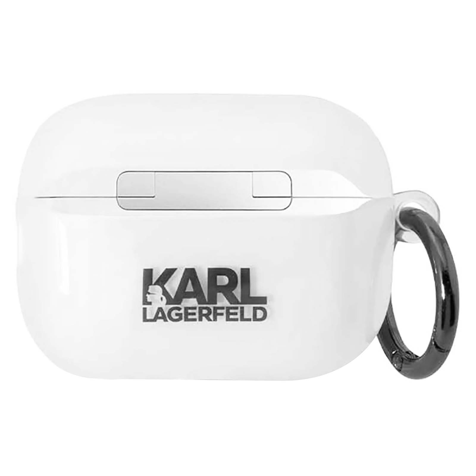 Funda blanca Karl Lagerfeld para AirPods con un anillo negro. La funda tiene un diseño rectangular y el logotipo Karl Lagerfeld es visible.
