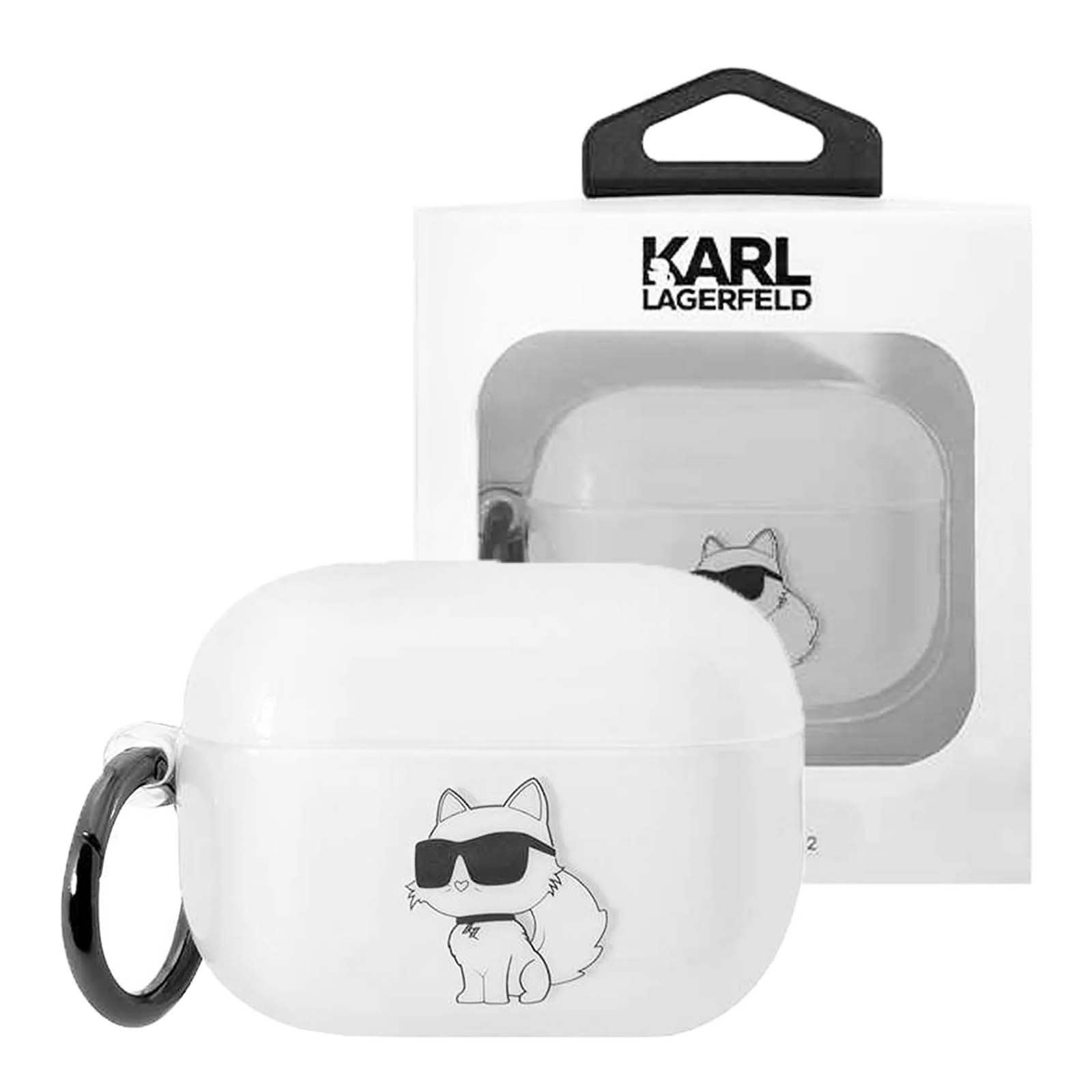 Funda blanca para AirPods de Karl Lagerfeld con gráfico de gato, asa negra y caja a juego. El logotipo es visible.
