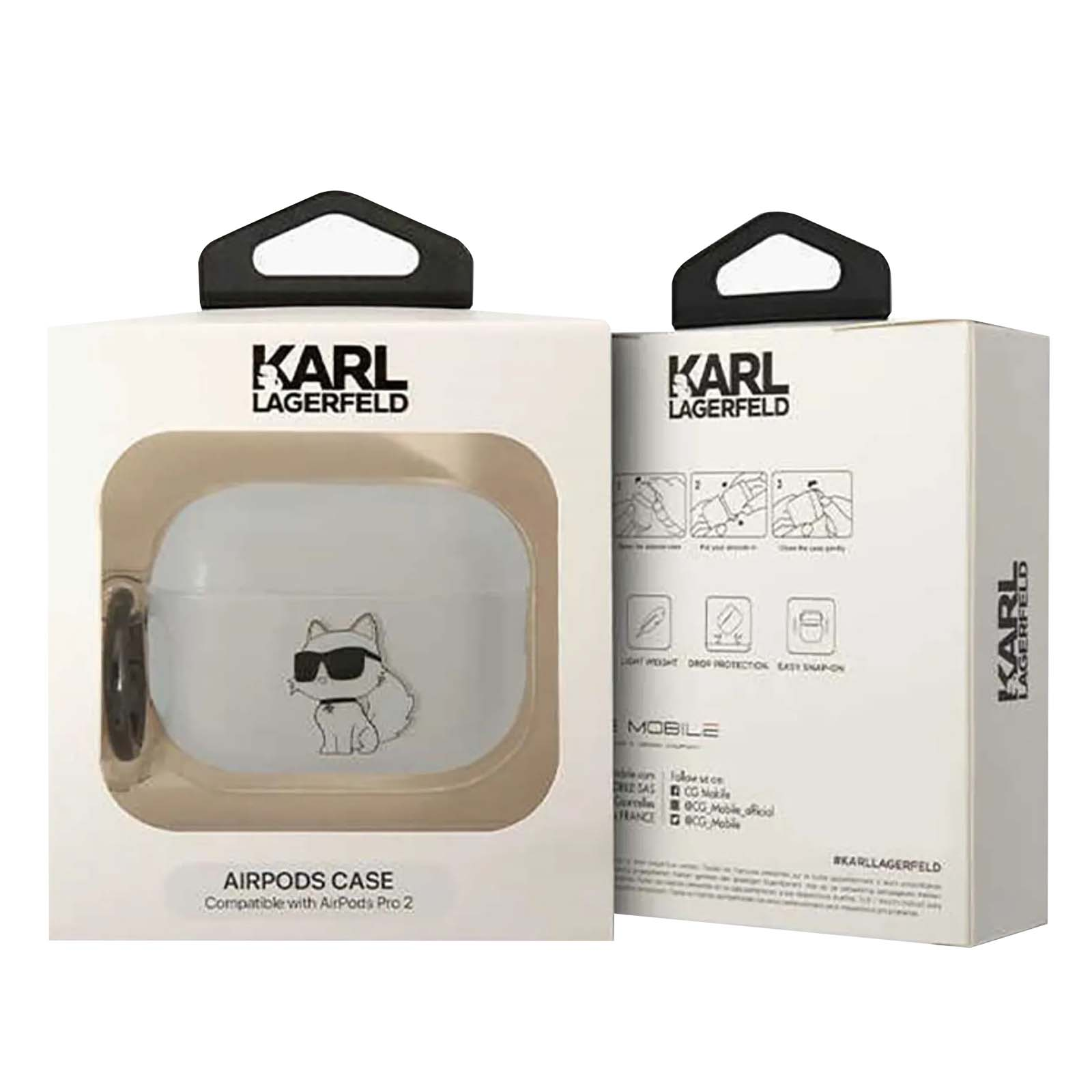 Dos cajas blancas con el logo de Karl Lagerfeld. Una muestra una funda de AirPods con un gato con gafas de sol. La otra tiene texto.
