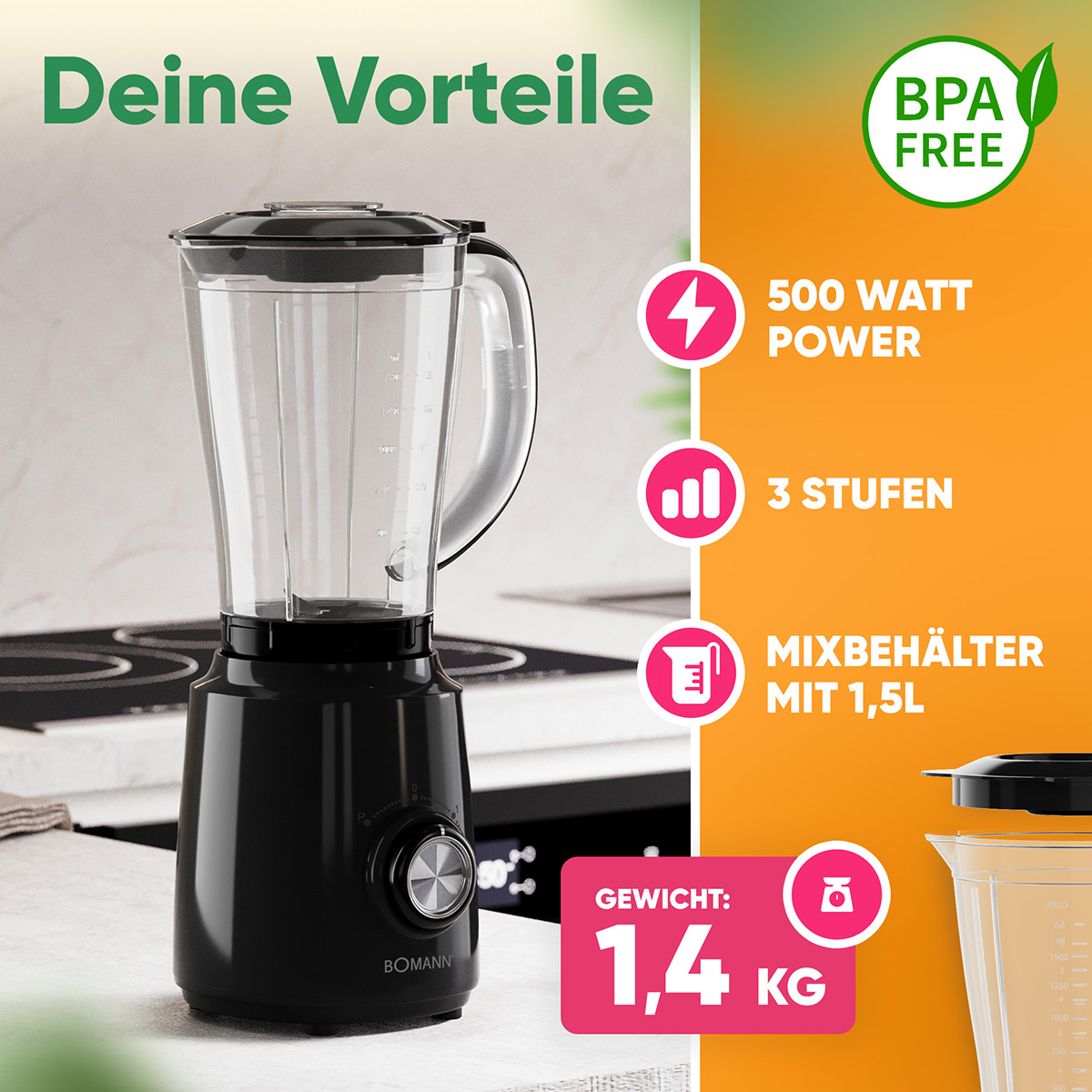 Ein schwarzer Mixer mit einem transparenten Krug steht auf einer weißen Oberfläche. Details umfassen Leistung, Einstellungen und Gewicht. Der Hintergrund ist unscharf.