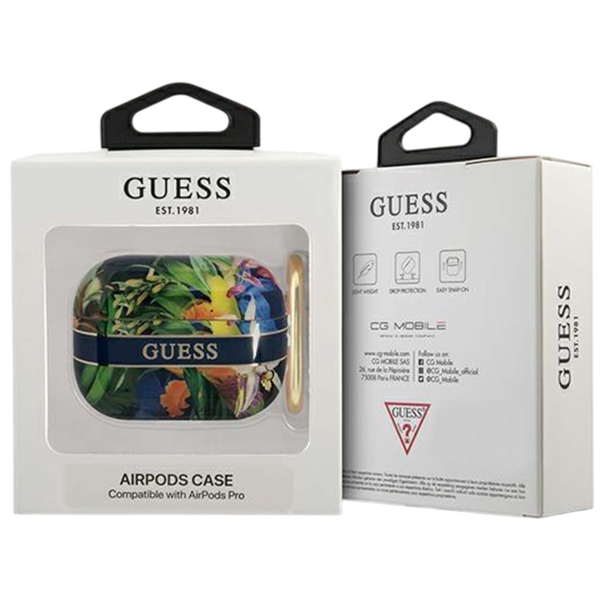Dos cajas Guess. Una muestra una funda de Airpods con diseño floral, la otra el logotipo de Guess e información del producto.