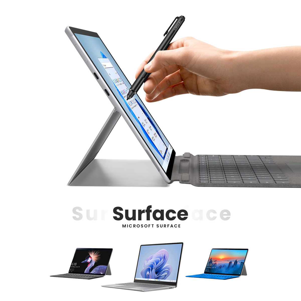 Una mano tiene uno stilo, toccando lo schermo di un tablet. Una tastiera e un tablet sono collegati. Sotto sono visualizzati altri tre tablet.