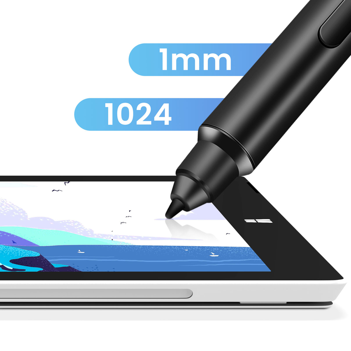 Una penna stilo nera punta verso lo schermo di un tablet. Lo schermo mostra un paesaggio marino. Le etichette sopra riportano '1mm' e '1024'.