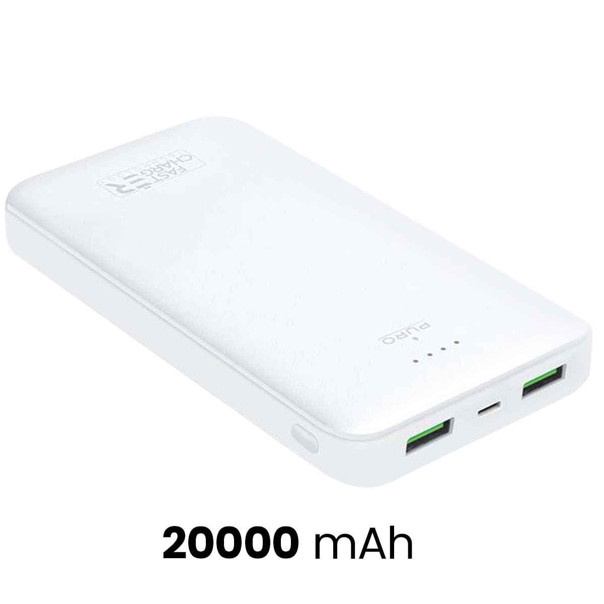 Weißes Powerbank mit grünen USB-Anschlüssen. Text '20000 mAh' unten. Etiketten 'FAST CHARGE' und 'PURO' sind sichtbar.