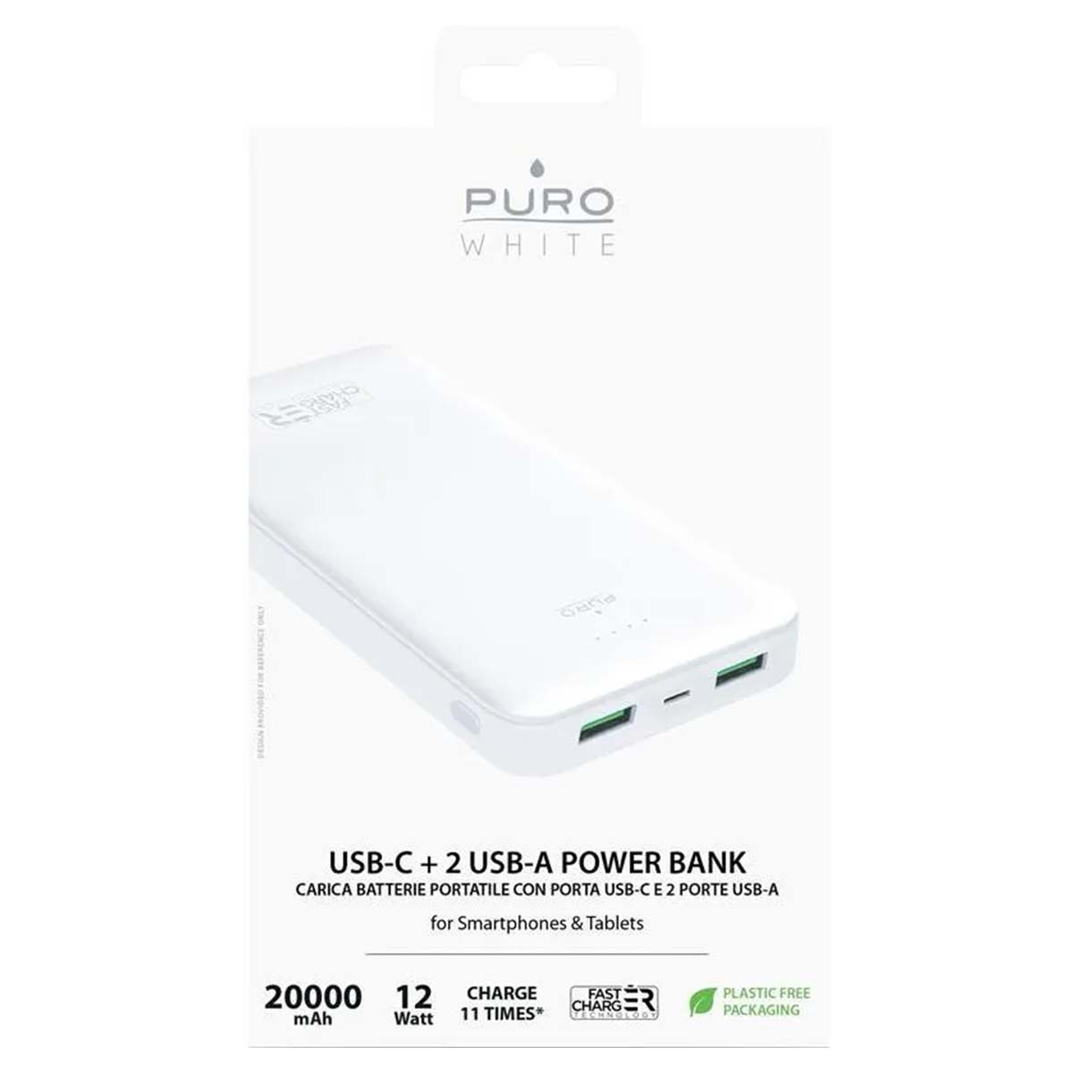 Weiße Puro Powerbank-Verpackung. Merkmale sind USB-C- und USB-A-Anschlüsse, 20000 mAh, Schnellladung und plastikfreie Verpackung.