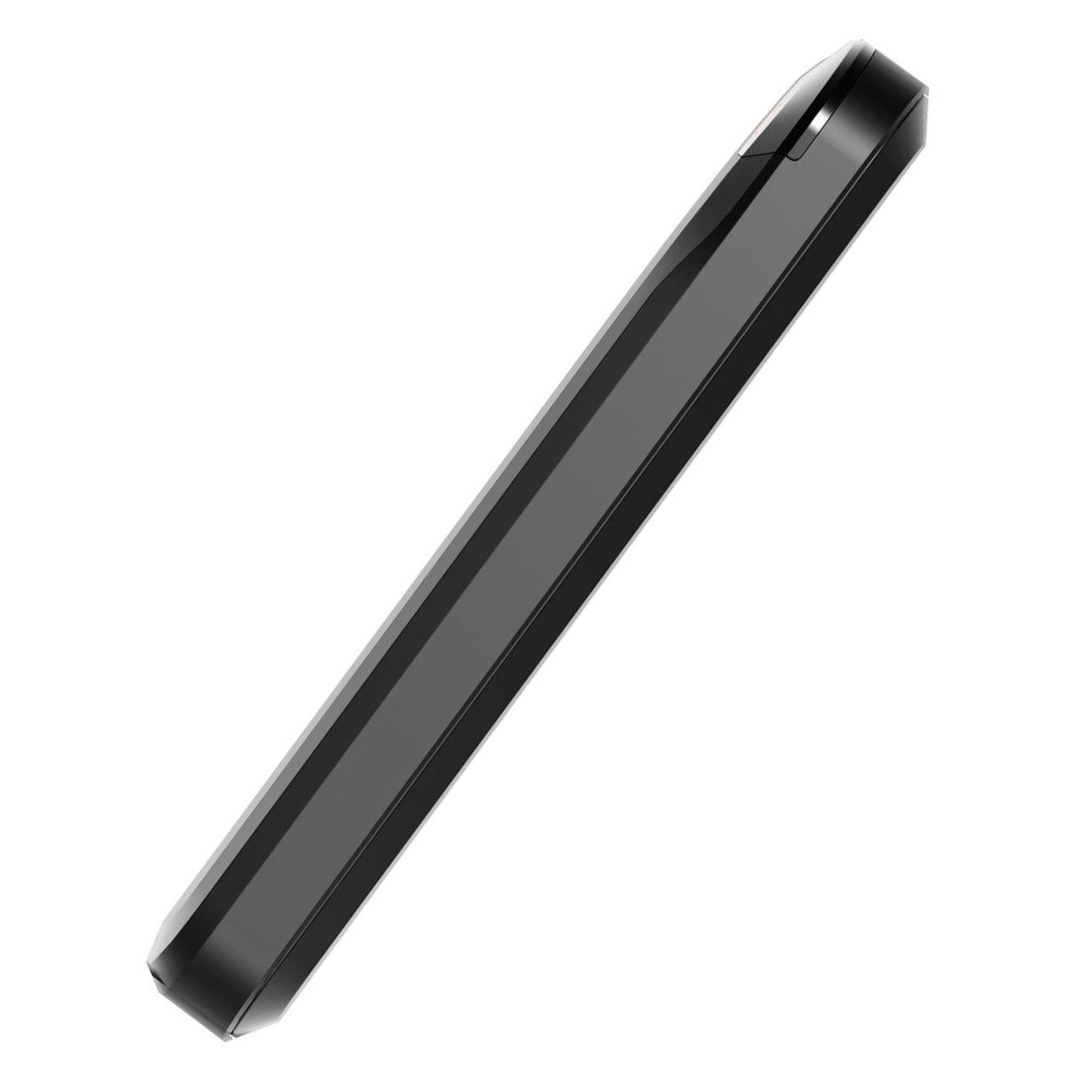 Un dispositivo negro y rectangular está en ángulo. Tiene un acabado brillante con una fina franja de luz a lo largo del lado.