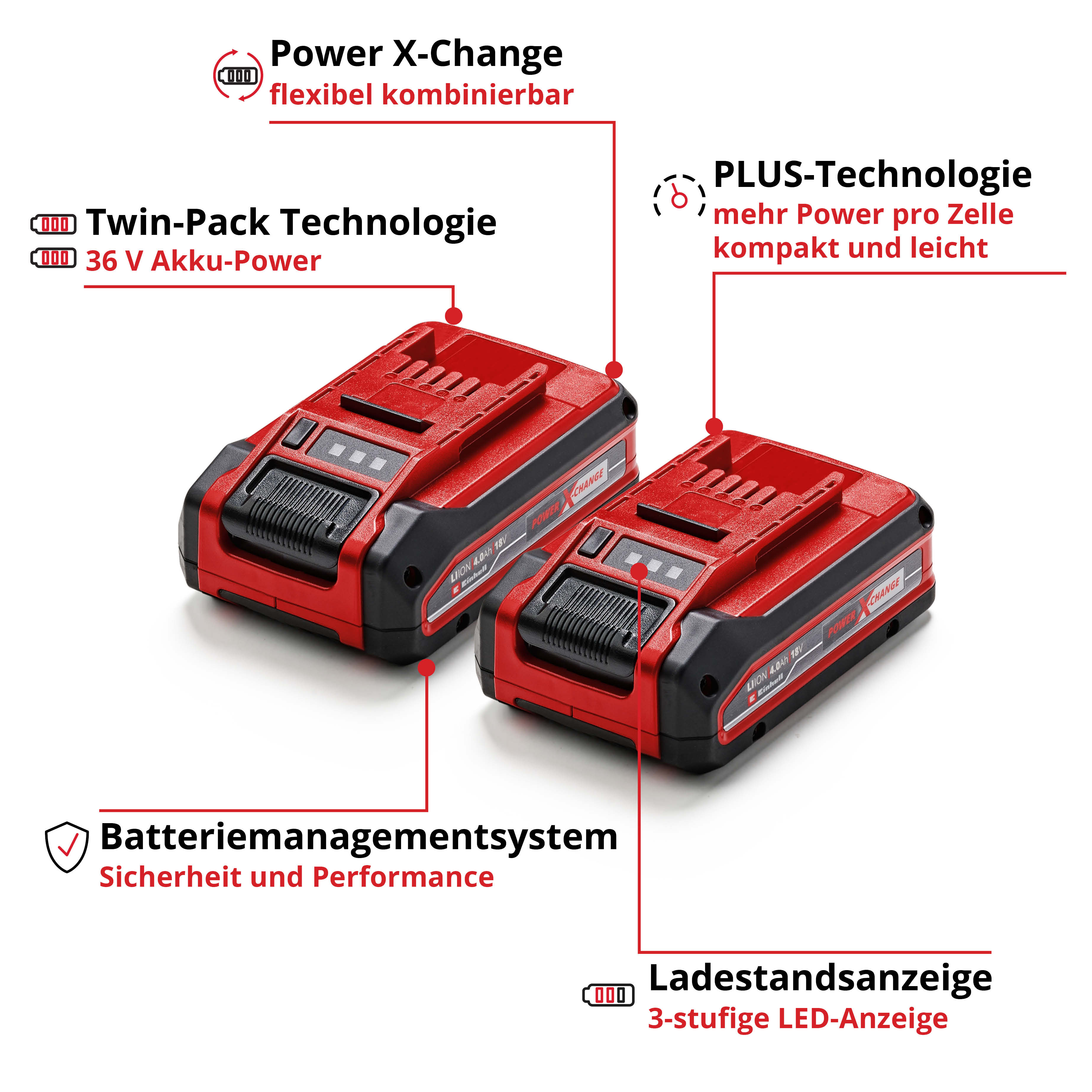 Due batterie rosse e nere con etichette e testo. Caratteristiche: potenza, tecnologia twin-pack e gestione della batteria.